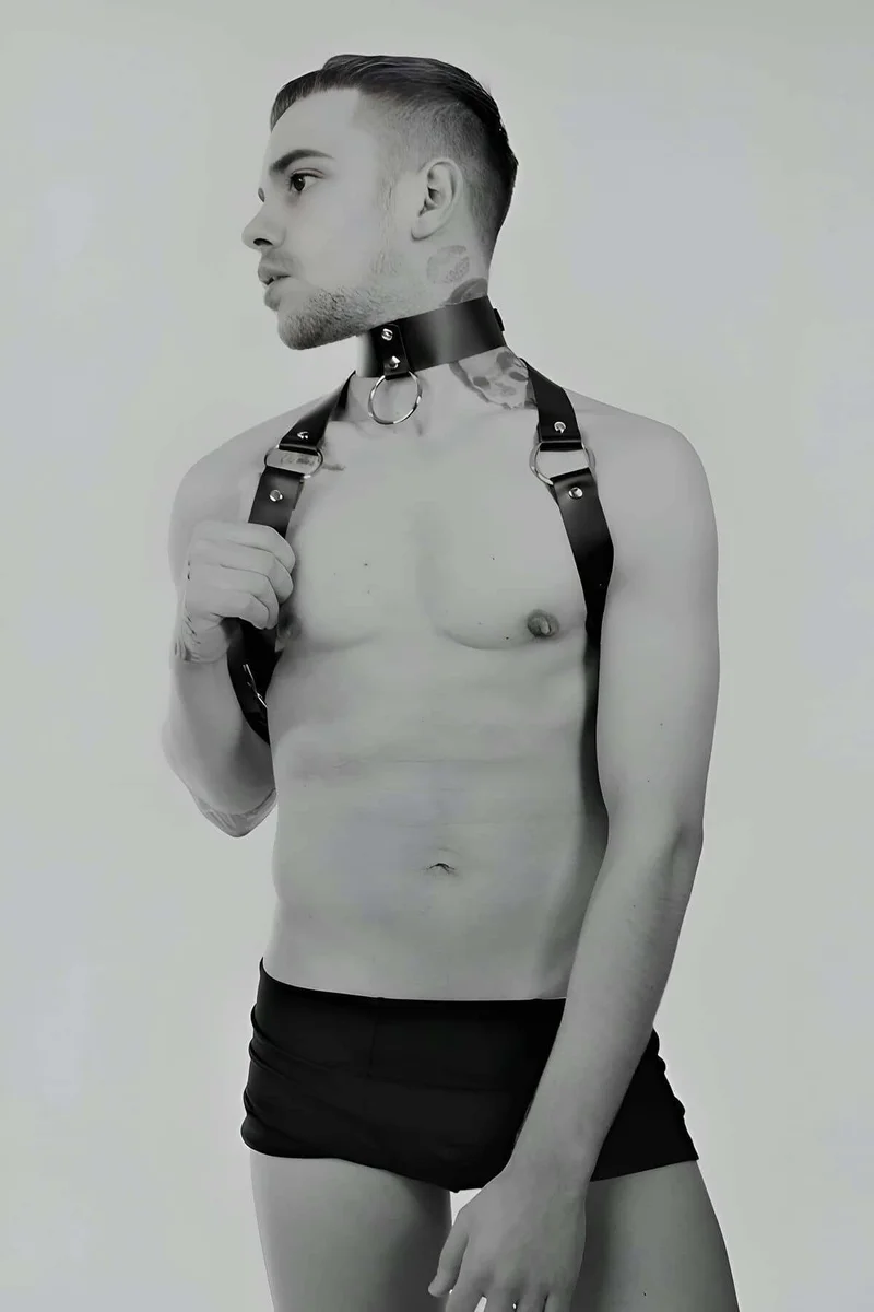 Mens Leather Harness with Adjustable Collar & Chest Straps