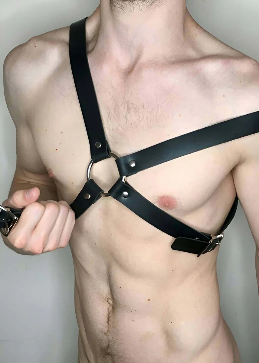Mens Harness Faux Leather Chest Strap with O-Ring Detail