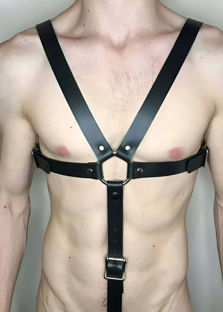 Mens Harness Faux Leather Chest Strap with O-Ring Detail