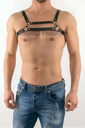 Black Faux Leather Chest Harness with Parallel Straps and O-Rings