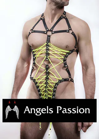 Men's Full Body Harness with Neon Yellow Lacing & Rings
