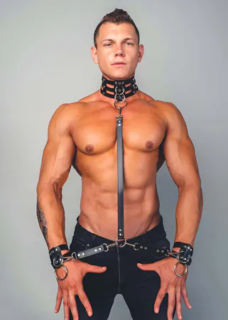 Black Vegan Leather Choker Collar Leash & Wrist Cuffs Set Silver Hardware