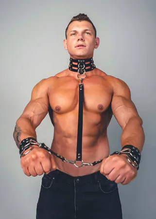 Black Vegan Leather Choker Collar Leash & Wrist Cuffs Set Silver Hardware