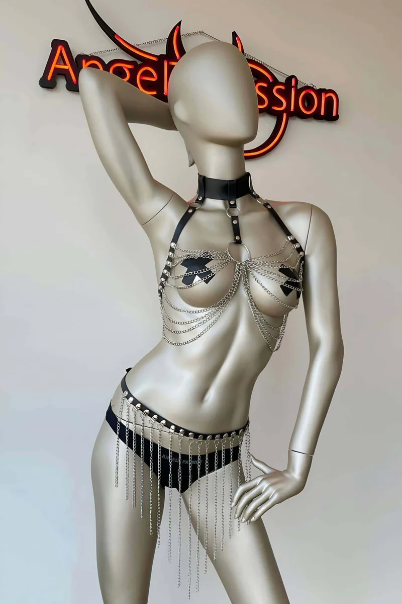 Faux Leather Chain Harness Set with Skirt for Women