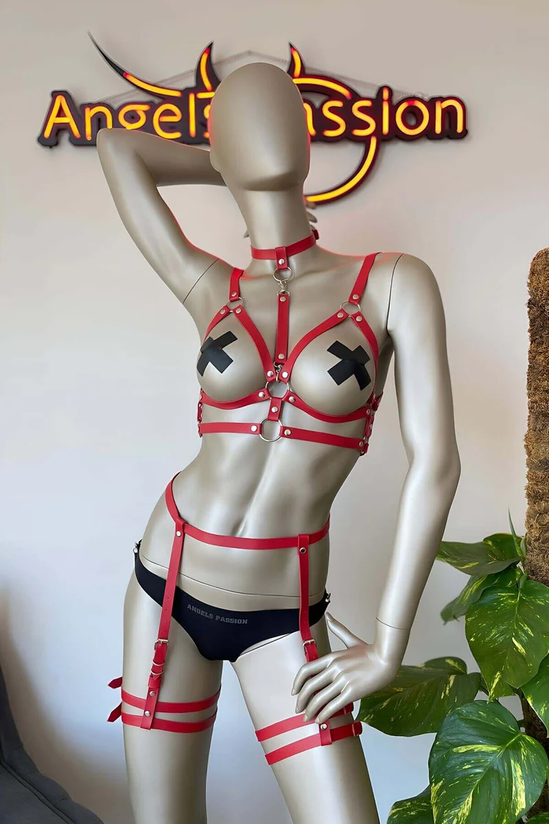 Red Faux Leather Harness Lingerie Set with Garters