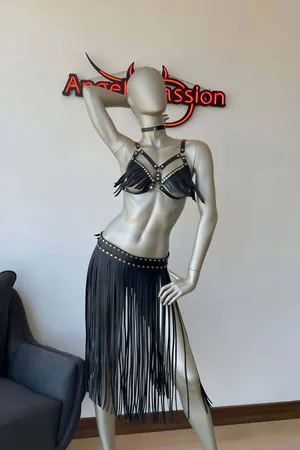 Faux Leather Harness Set with Fringe Bra and Studded Skirt