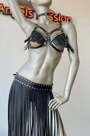 Faux Leather Harness Set with Fringe Bra and Studded Skirt