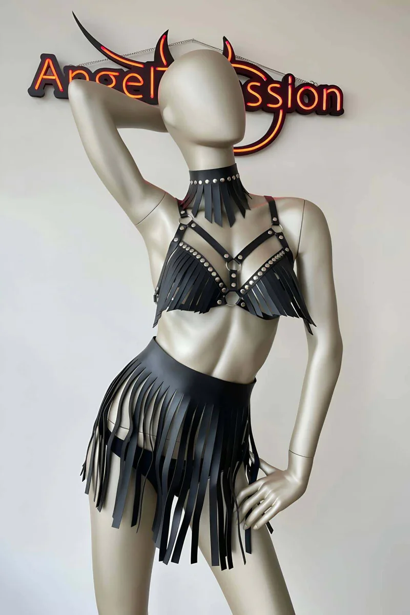 Harness Set Faux Leather Fringe Bra Choker & Skirt Outfit