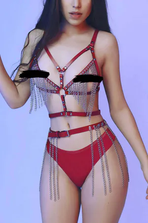 Red Chained Harness Set - Faux Leather & Metal Lingerie Outfit
