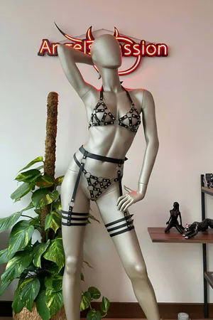 Black Leather Harness Set with Adjustable Garter Straps
