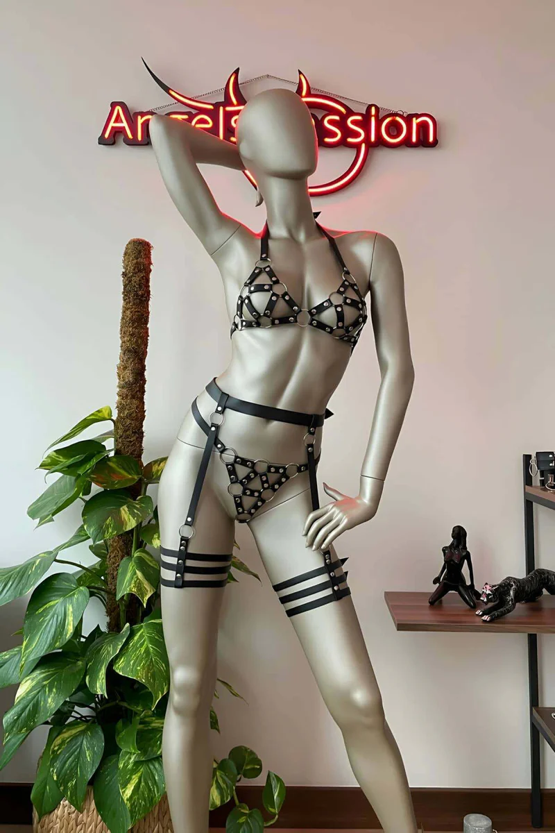 Black Leather Harness Set with Adjustable Garter Straps