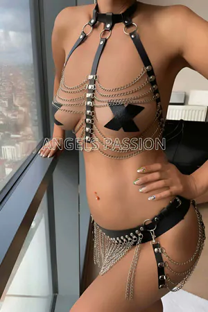 Black Faux Leather Chain Harness Set with Bralette and Fringed Skirt