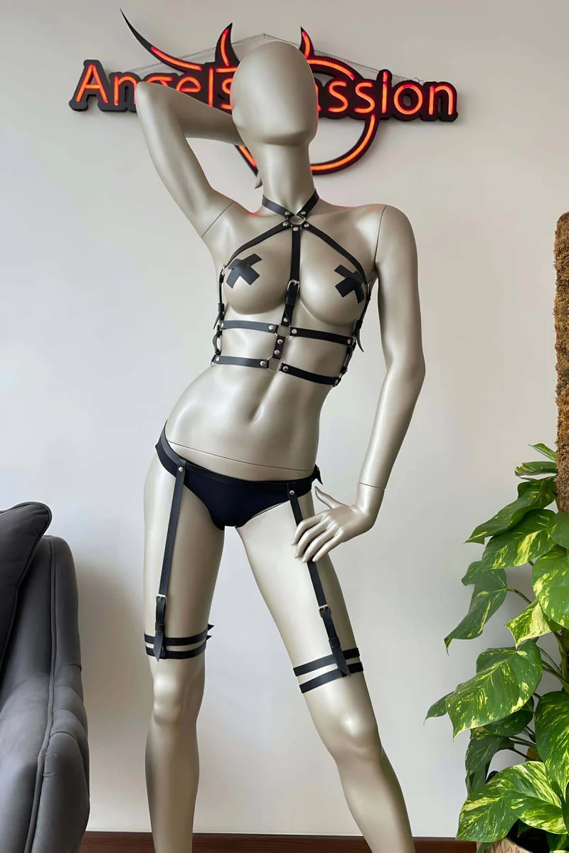Harness Lingerie Set - Adjustable Faux Leather Body & Garter