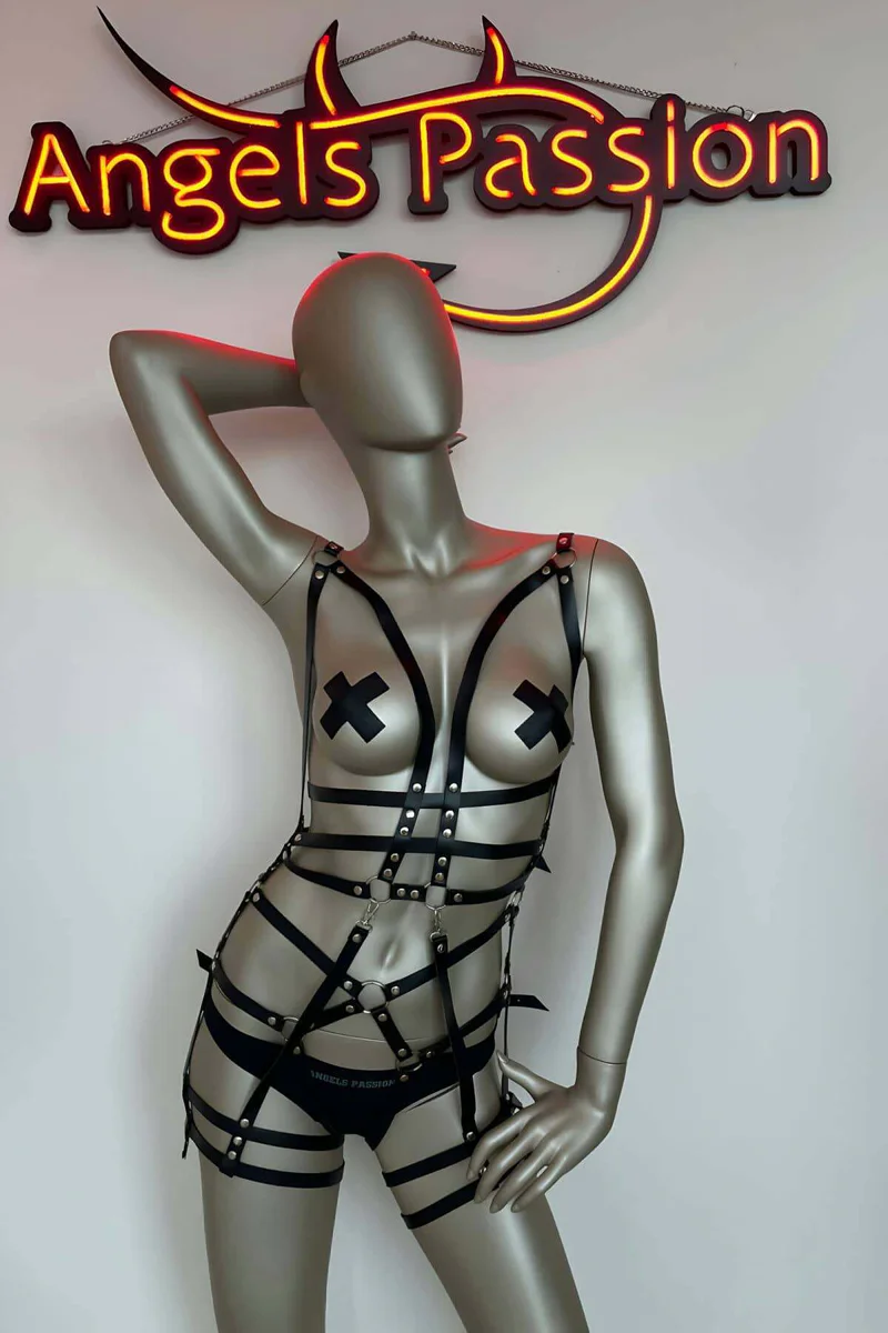 Faux Leather Body Harness Lingerie Set - Adjustable Straps