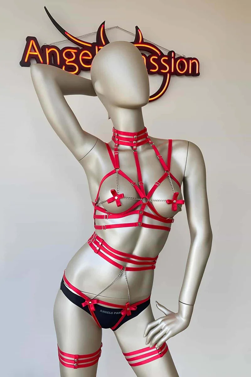 Red Strappy Body Harness Set with Chains & Bows