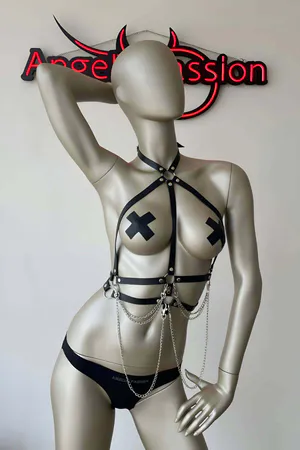 Women's Chest Harness – Black Faux Leather Body Straps with Chains