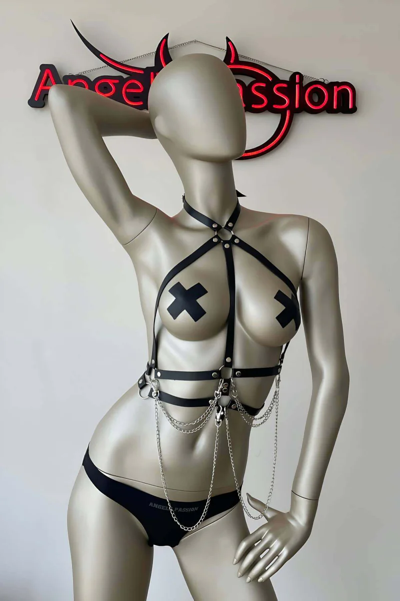 Women's Chest Harness – Black Faux Leather Body Straps with Chains