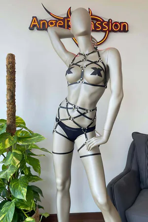 Black Faux Leather Harness Set – Strappy Bustier Garter Lingerie