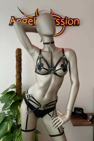 Faux Leather Harness Set with Garter Belt & Heart Pasties