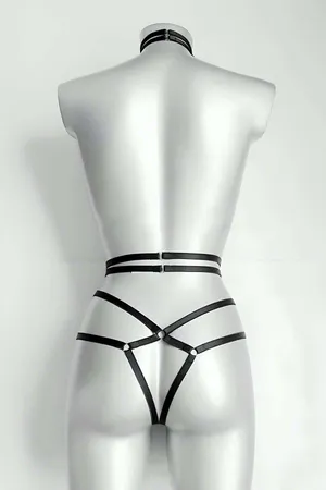 Black Full Body Harness Lingerie with Open Crotch Design