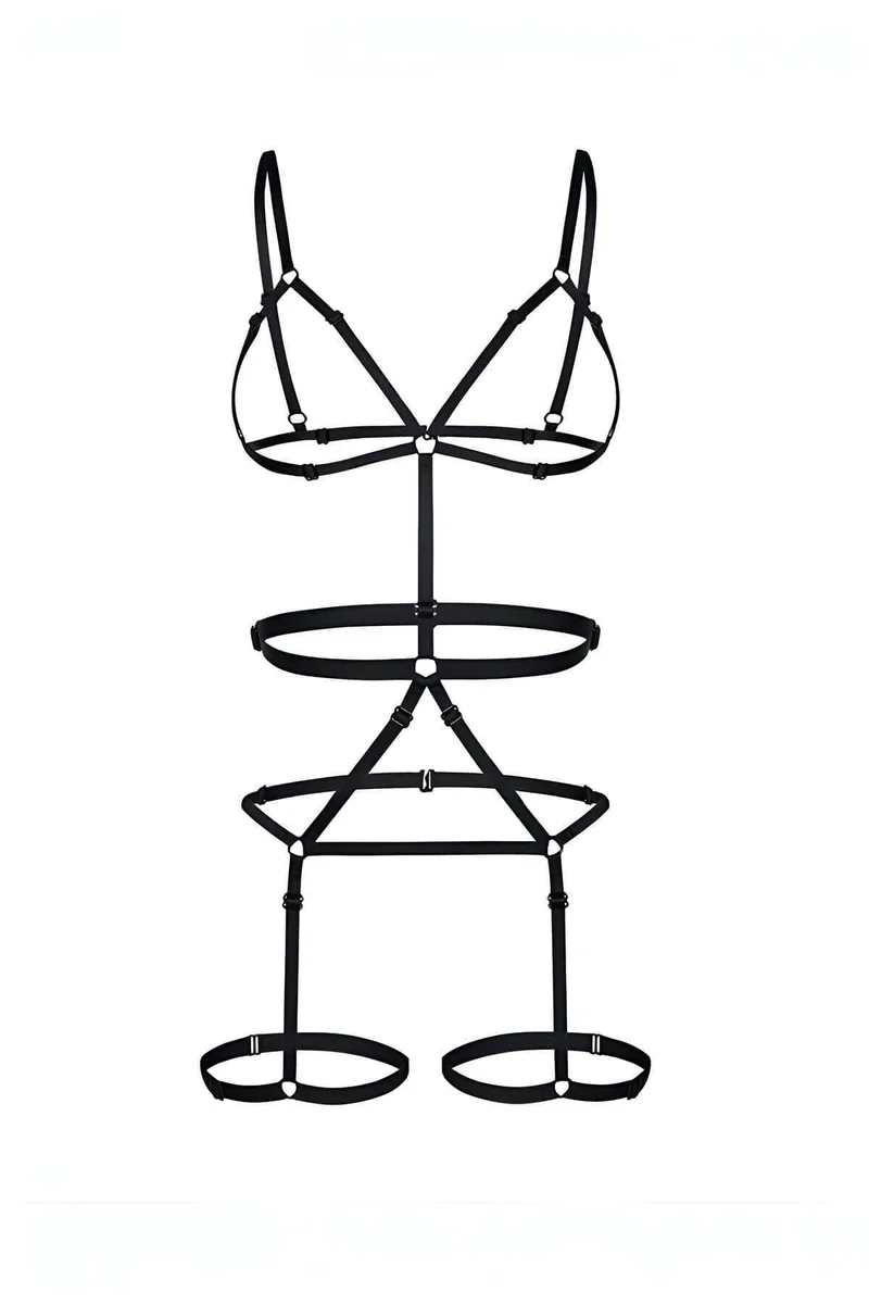 Side view of black faux leather body harness showing strap detail.