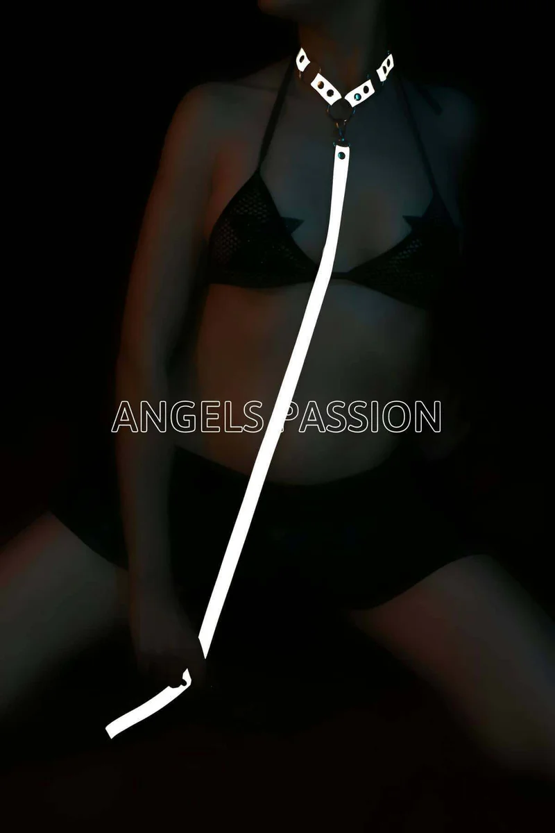 Reflective Choker Harness with Detachable Leash glowing white in the dark, worn over a dark top, with the leash held to the s