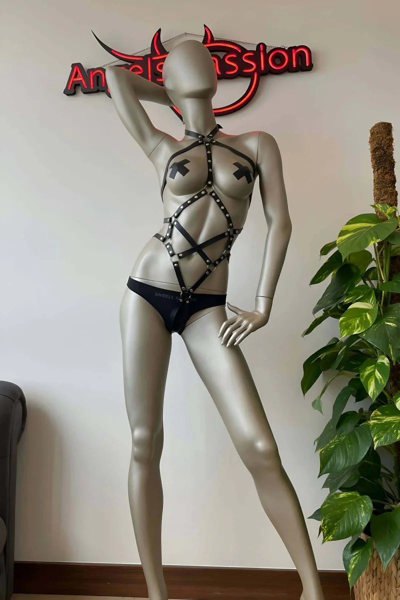 Women's Leather Body Harness with Studs - Adjustable Fashion Wear