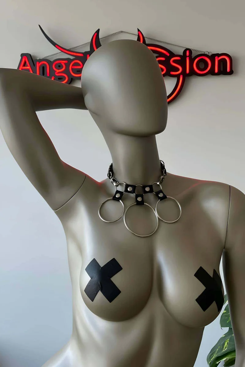 Black faux leather festival choker necklace with three