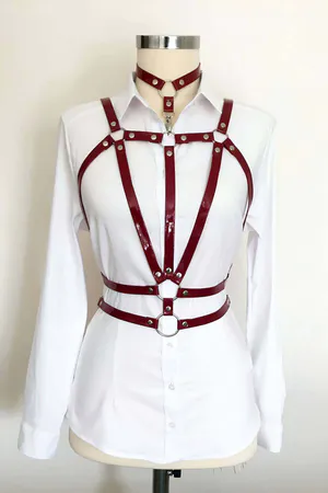 Chest Harness, Red Faux Leather Body Strappy Accessory for Women