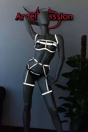 Reflective Harness Set White Luminous Garter & Strappy Bra