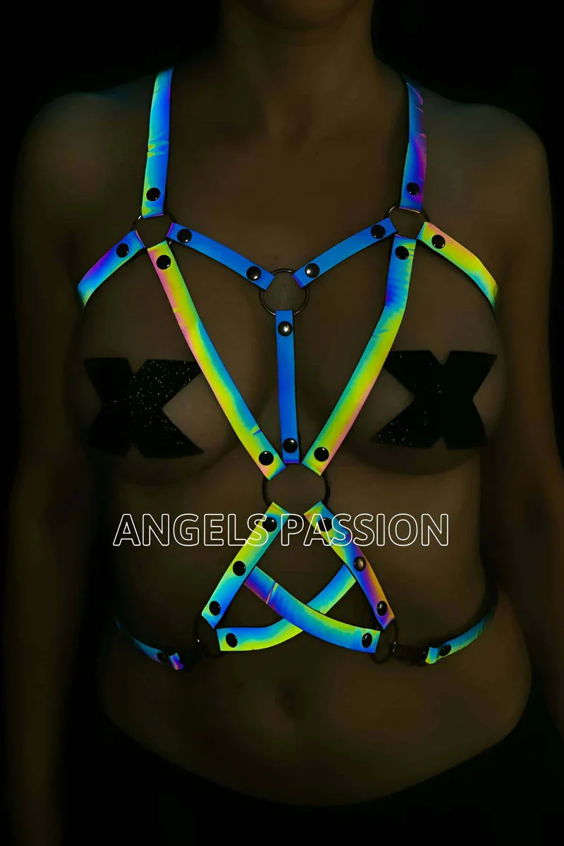 Reflective Rainbow Rave Body Harness Caged Design