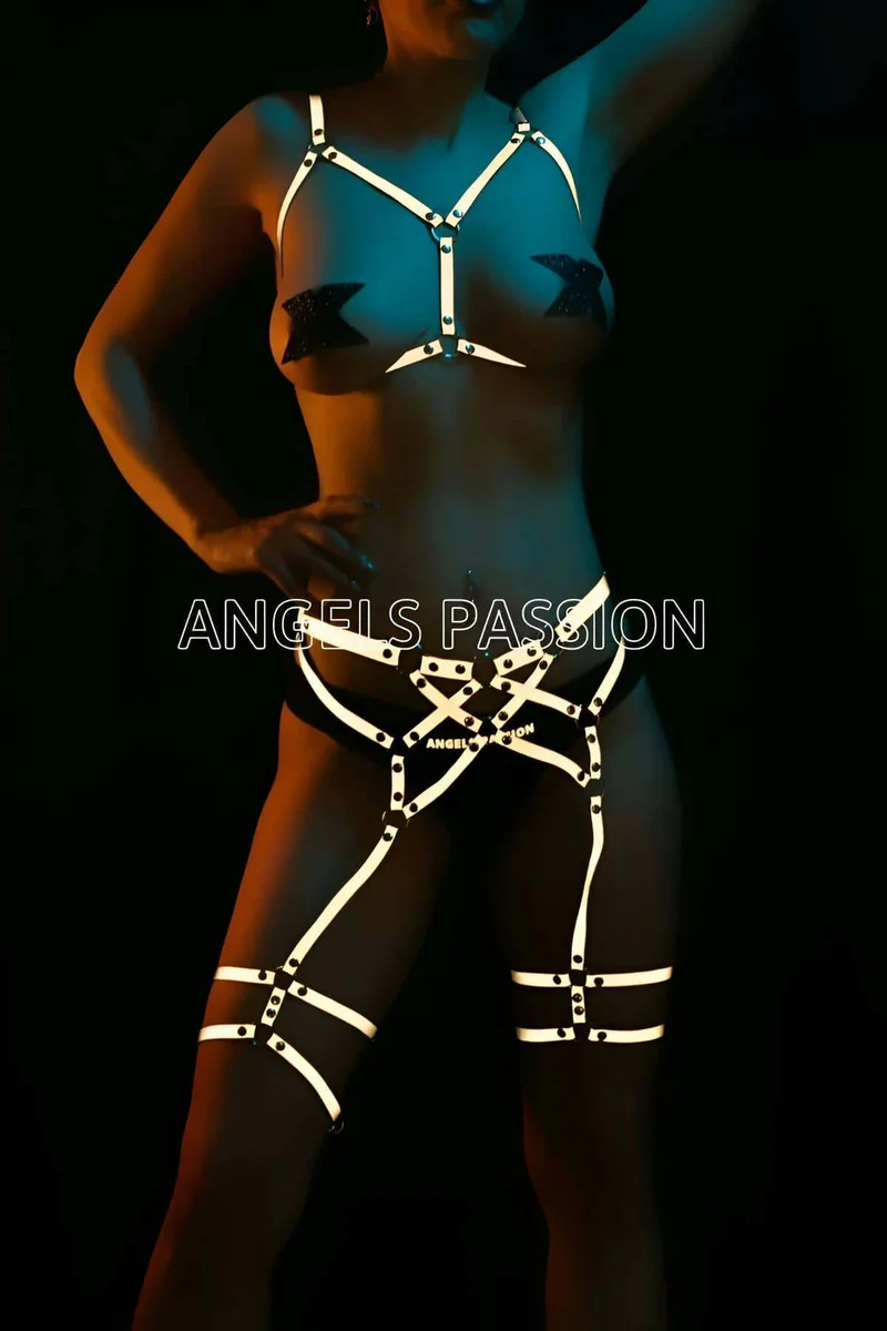 White Luminous Reflective Full Body Harness with Garter Straps