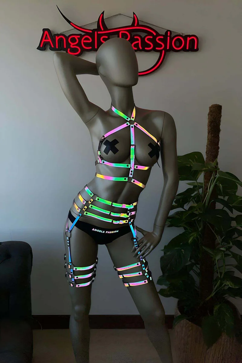 Holographic Reflective Full Body Harness with Thigh Straps Festival Outfit Close-Up Thigh Garter Detail D-Ring Hardware