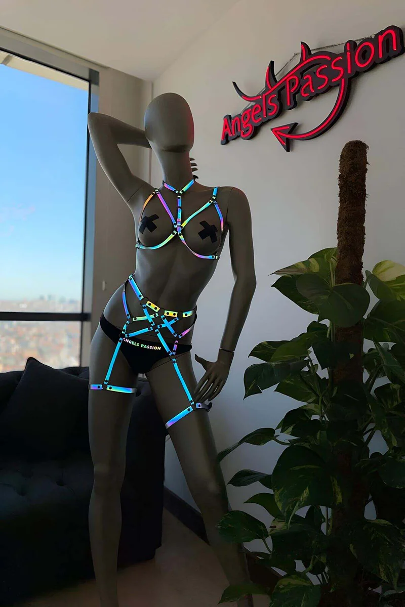 Reflective Harness Set | Iridescent Lingerie & Garter Outfit