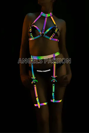 Rainbow Reflective Harness Bra & Garter Set