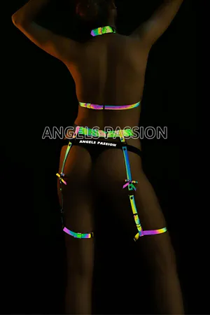 Rainbow Reflective Harness Bra & Garter Set