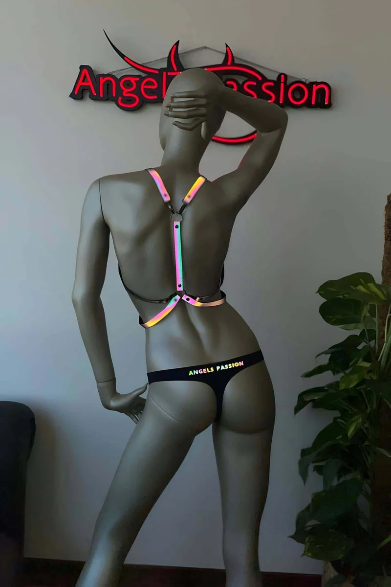 Close-up of rainbow reflective material on body harness straps