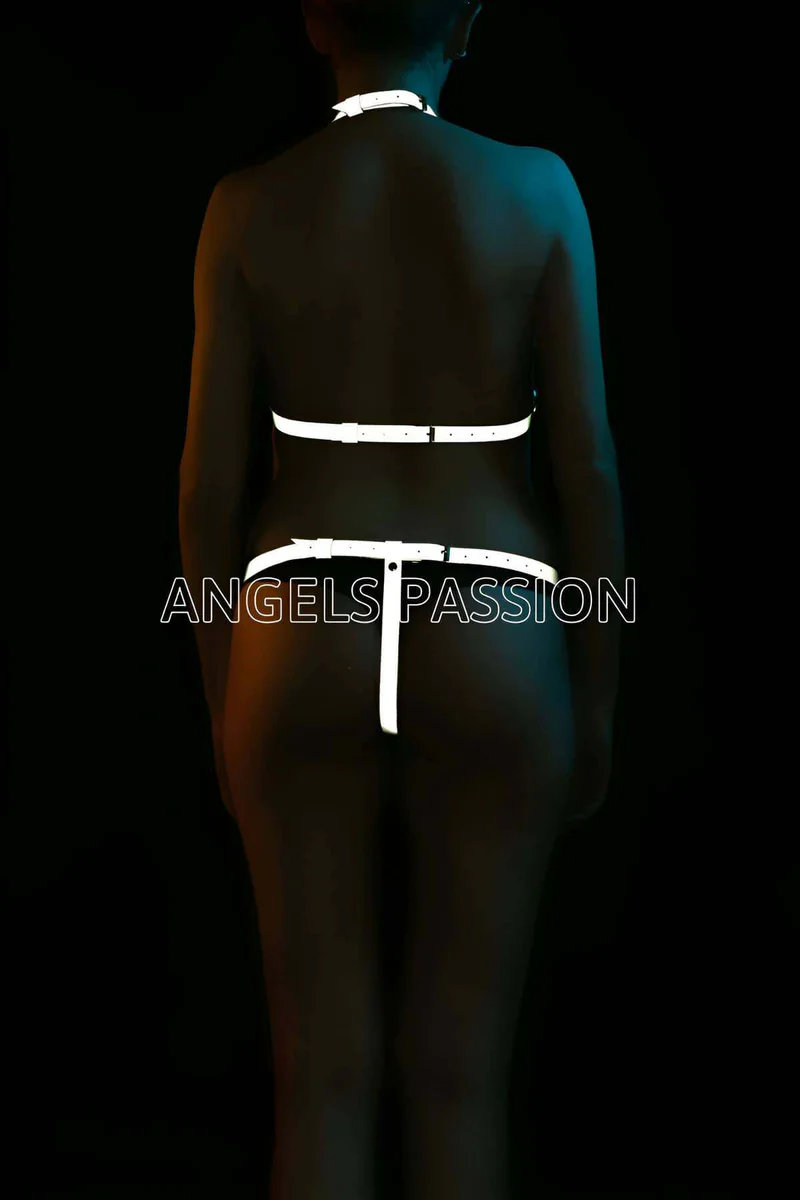 Side view of reflective harness lingerie set with brief and halter
