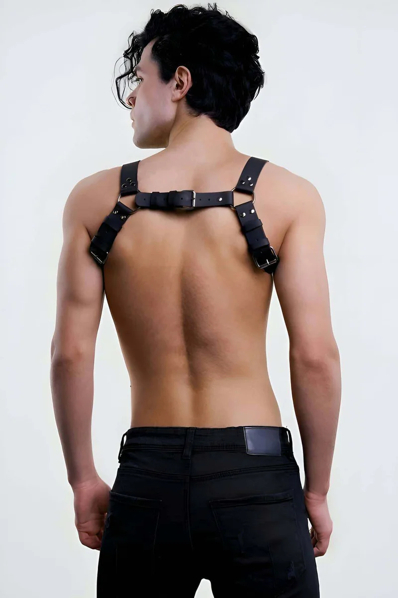 Adjustable black faux leather chest harness with