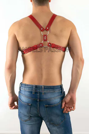 Red Faux Leather Chest Harness with Silver O-Ring on Model
