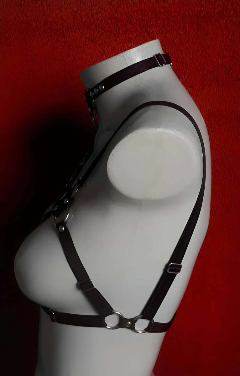 Black faux leather choker with O-ring detail as part of harness set