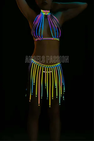 Reflective Rave Outfit Set - Holographic Festival Harness Top & Skirt