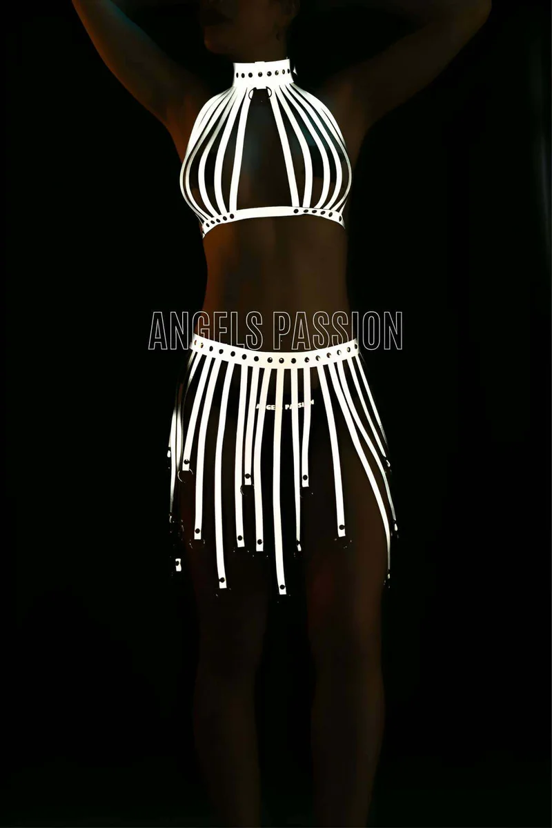 Reflective Rave Outfit Set - Festival Harness Skirt & Top