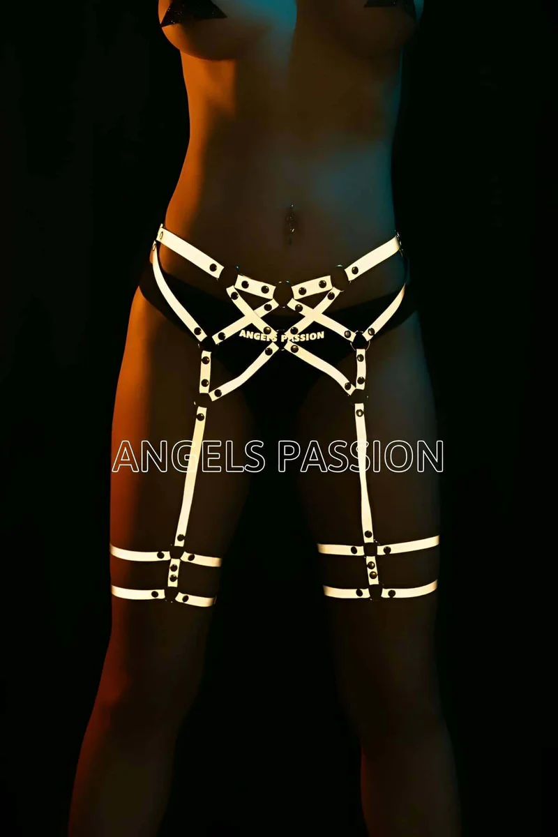 Reflective garter harness with studded straps and leg bands
