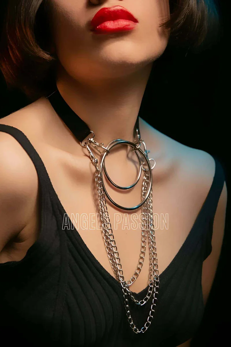 Black Layered O-Ring Harness Choker with multiple silver chains on model