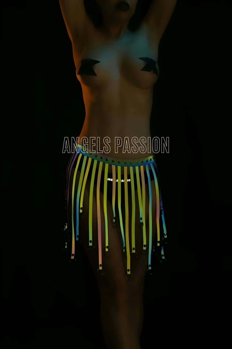 Electrifying Reflective Harness Skirt with Colorful Glow-in-the-Dark Tassels