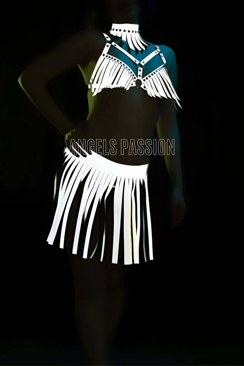 Reflective fringe harness set with O-ring detail and matching skirt