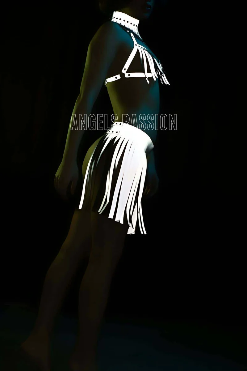 Reflective fringe harness set showing strap details on the bra and skirt