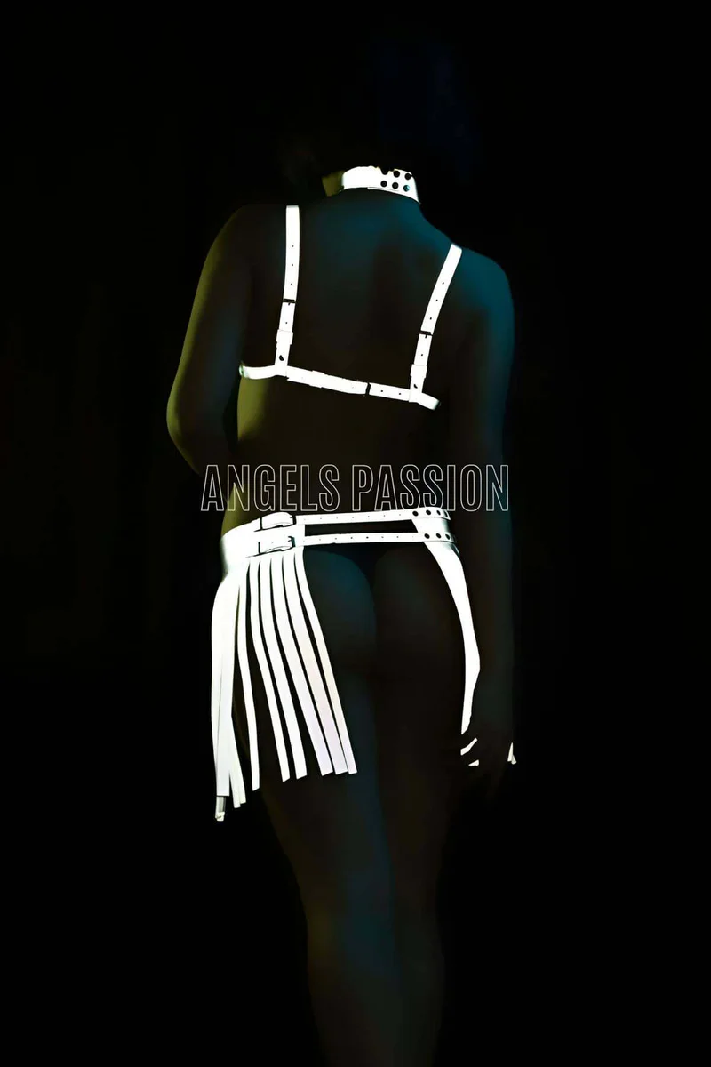 Reflective fringe harness set white fringe detail on skirt and collar