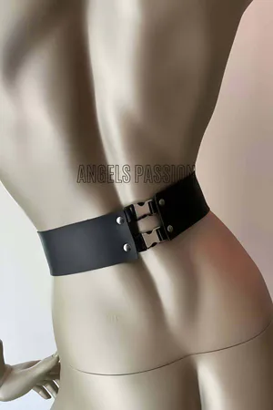 Black vegan leather lace-up corset body harness with adjustable chest strap